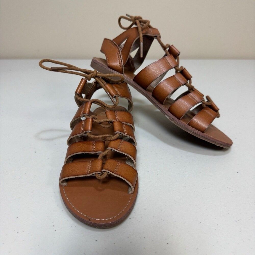 Gladiator Brown Sandals Womens 7 Vegan Leather Laceup OpenToe Boho Summer Summer